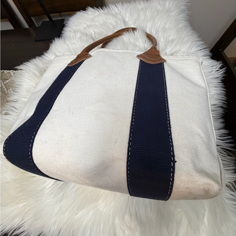 L.L. Bean White Canvas Tote with Navy Straps and Brown Leather Handles - Picture 4 of 11